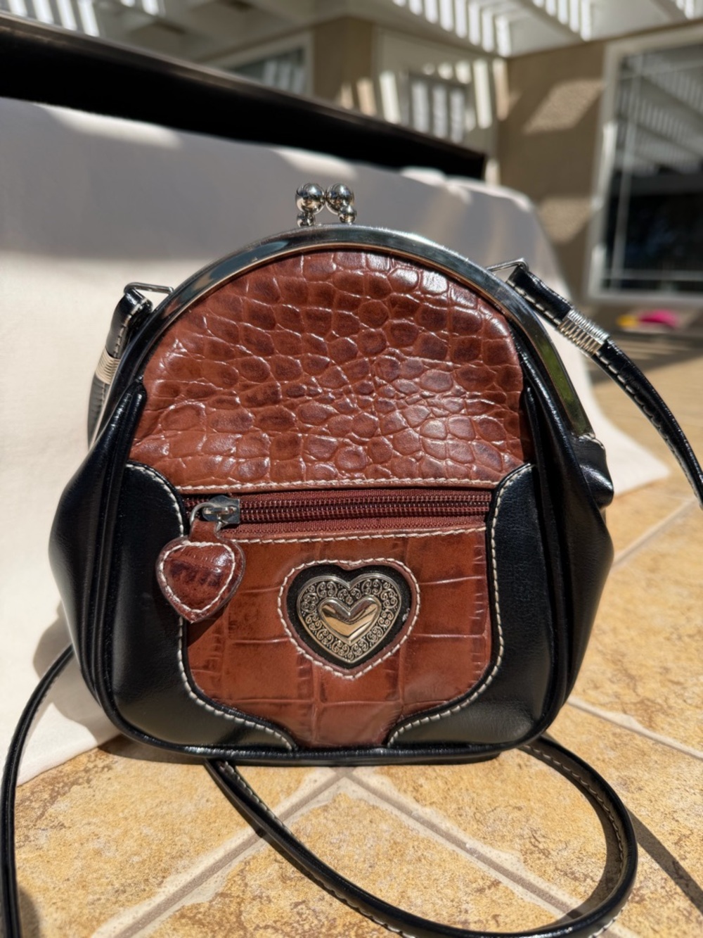 *SOLD* Vintage Brighton Black Brown  Croc Silver Heart Leather Crossbody Bag